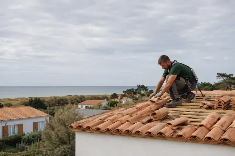 Couvreur harnaché au travail sur une toiture du littoral charentais